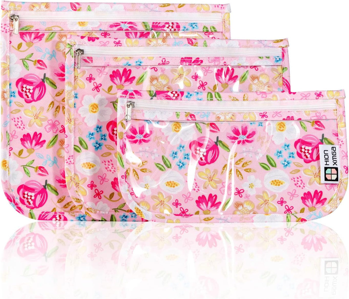 HIONXMGA TSA Approved Toiletry Bag, Set of 3 Clear Travel Toiletry Bag Quart Size Zipper Travel Pouch, Waterproof Makeup Cosmetic Bag for Women Men Kids Toiletries Carry on, Cacti A