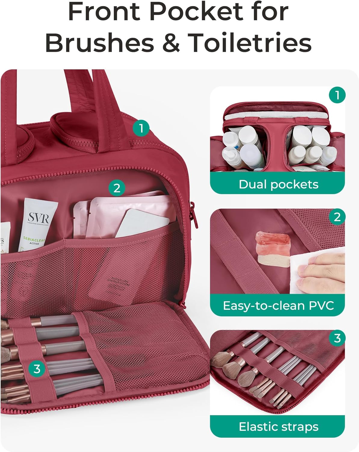 BAGSMART Travel Toiletry Bag, Lightweight Large Wide-open Travel Bag for Women, Puffy Cosmetic Makeup Bag Organizer with Handle for Accessories,Essentials, Toiletries, Dark Pink