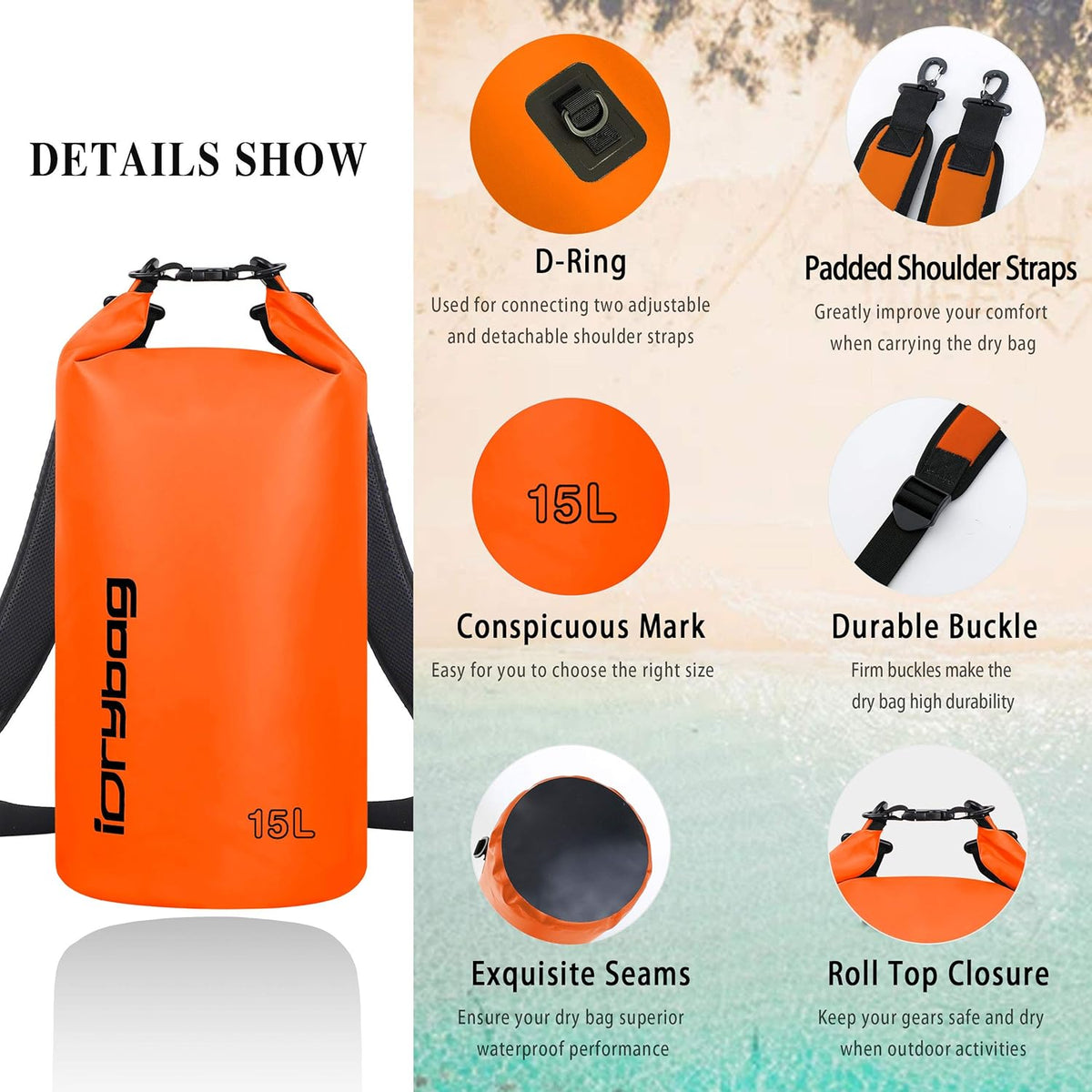IDRYBAG Dry Bag for Kayaking Waterproof 2L/5L/10L/15L/20L, Small Dry Sack Waterproof Bag for Boating