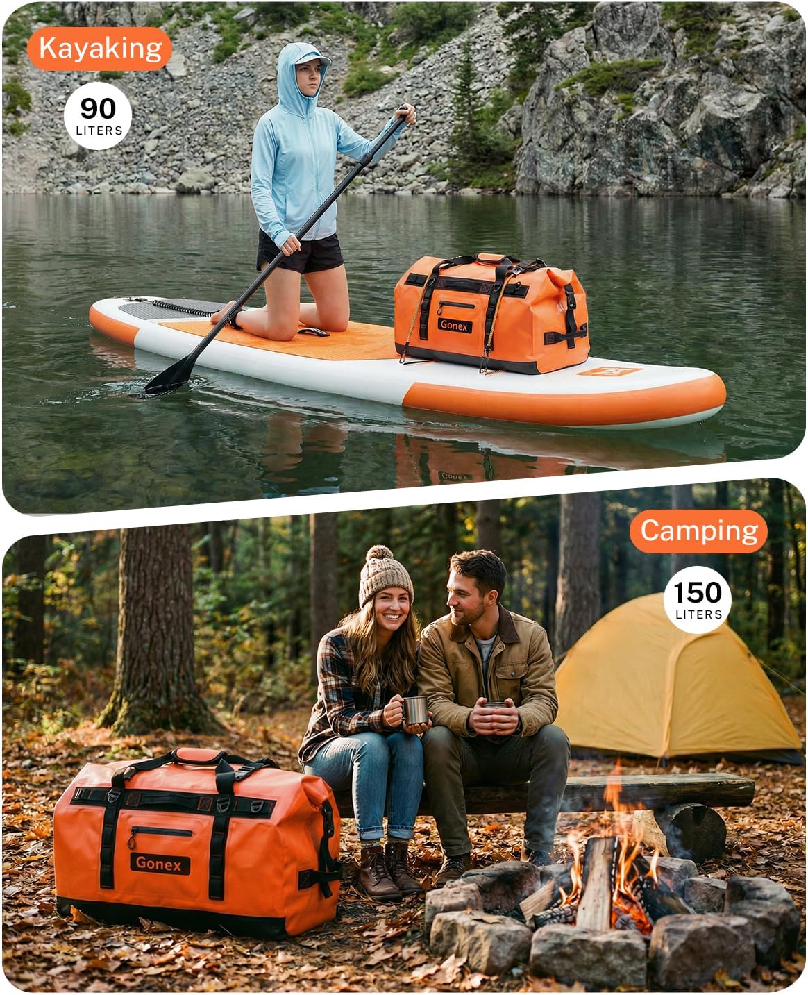 Gonex Waterproof Duffel Bag, 90L Heavy Duty Dry Duffle Bag with Reinforced Thickened Bottom, 3-in-1 Convertible Large Travel Backpack for Kayaking, Motorcycle, Camping & Boating, Orange