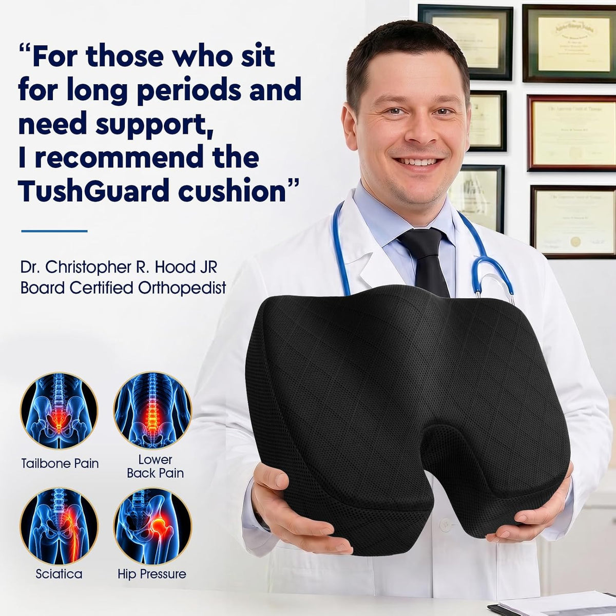 TushGuard Seat Cushion, Memory Foam Office Chair Cushion - Grey, Large
