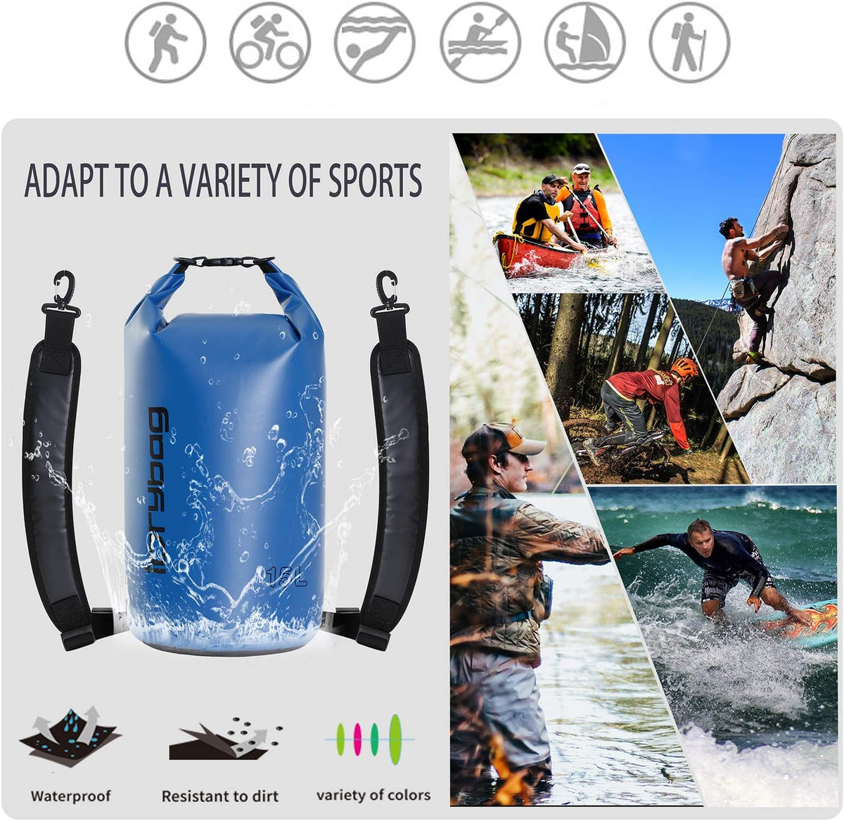 IDRYBAG Dry Bag for Kayaking Waterproof 2L/5L/10L/15L/20L, Small Dry Sack Waterproof Bag for Boating
