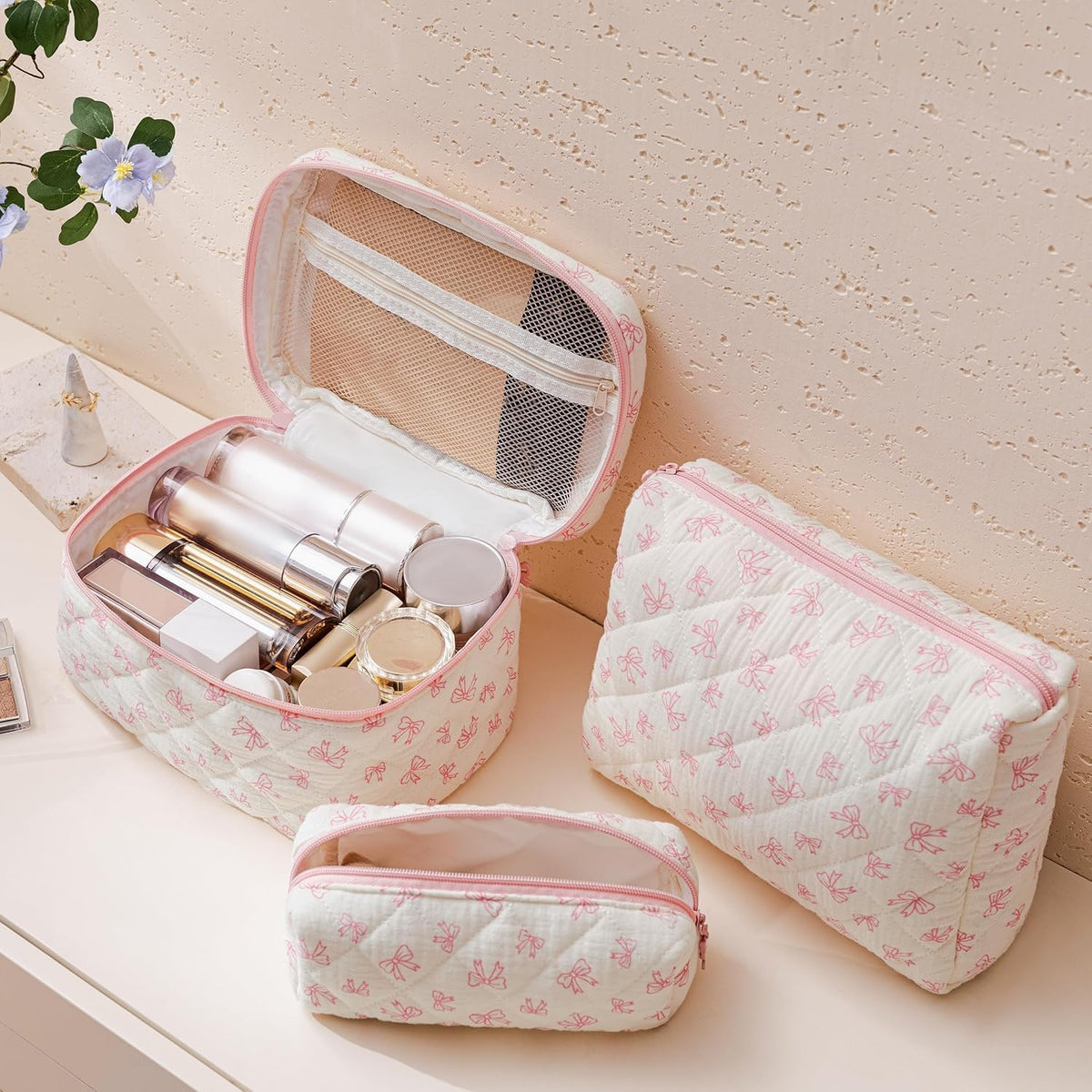 HBselect Quilted Makeup Bag, 3PCS Cotton Large Travel Makeup Bag, Cute Floral Coquette Make up Bag Cosmetic Bag Toiletry Bag for Women Girls - Colors A