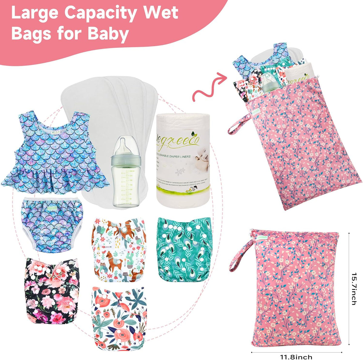 wegreeco Wet Dry Bag for Baby Swimsuit, Small Wet Dry Bag for Clothes Diaper and Breast Pump Parts, Large Baby bag for Travel,Gym Clothes,Beach,Pool,Extra Clothes (Chrysanthemum,2 Pack)