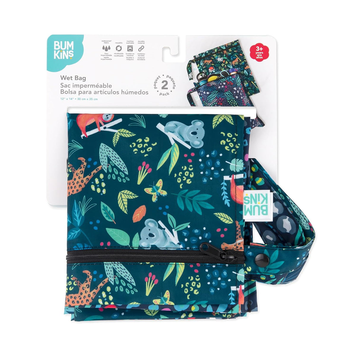 Bumkins Waterproof Wet Bag for Baby, Travel, Swim Suit, Cloth Diapers, Pump Parts, Pool, Beach, Gym Clothes, Toiletry, Hook to Stroller, Daycare, Zipper Reusable Wetdry Packing Pouch, Jungle