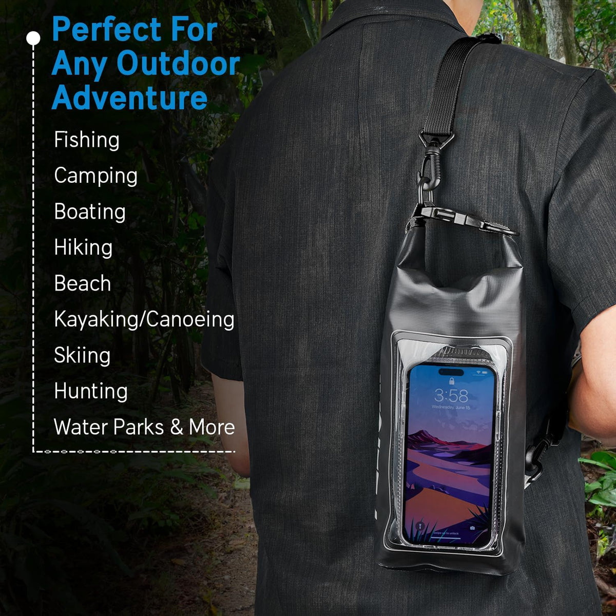 Pelican Marine IP68 Waterproof Dry Bag 2L - Roll Top Waterproof Backpack w/Phone Case/Pouch - Boating & Kayak Accessories - Essentials for Camping Swimming Beach Fishing Rafting Travel - Black/Yellow