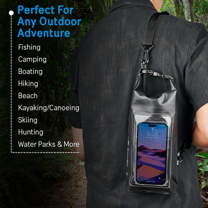 Pelican Marine IP68 Waterproof Dry Bag 2L - Roll Top Waterproof Backpack w/Phone Case/Pouch - Boating & Kayak Accessories - Essentials for Camping Swimming Beach Fishing Rafting Travel - Black/Yellow