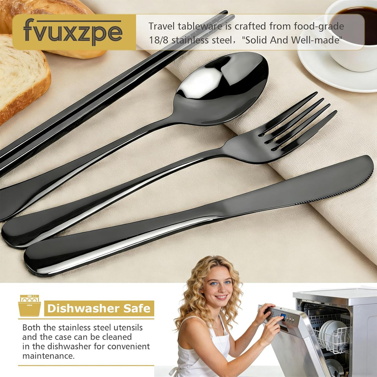 Matte Black 5-Piece Stainless Steel Travel Utensil Set with Waterproof Case, Reusable Portable Flatware Includes Knife, Fork, Spoon, Chopsticks for Camping, Office, Picnic & Daily Use