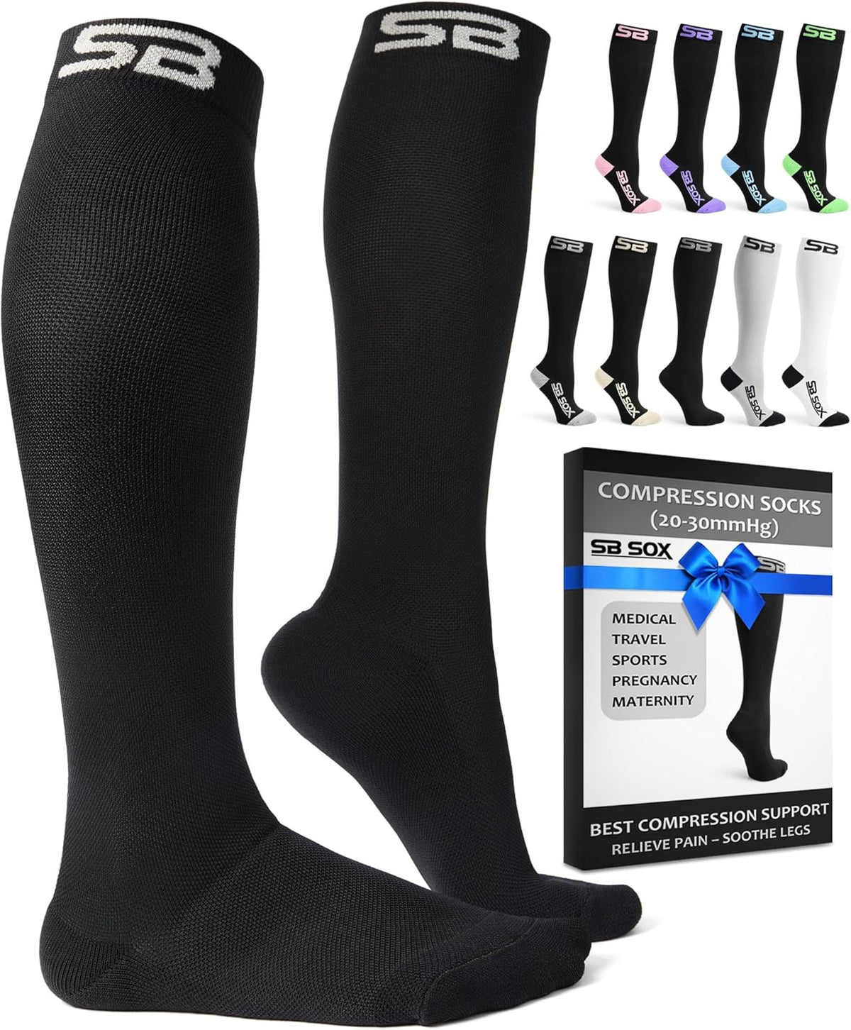 SB SOX Compression Socks for Men & Women (20-30mmHg) – Best Compression Socks for Flying, Medical, Sports, Wide Calf Fit, and Daily Wear
