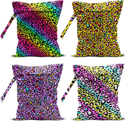 4 Pack Colorful Neon Leopard Print Wet Bag Waterproof Reusable Wet Dry Bag for Swimsuit Dirty Clothes Diaper Travel Pool Beach Yoga Gym Travel Party Birthday Christmas Toiletries Beach Essentials