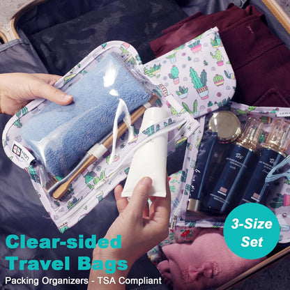 HIONXMGA TSA Approved Toiletry Bag, Set of 3 Clear Travel Toiletry Bag Quart Size Zipper Travel Pouch, Waterproof Makeup Cosmetic Bag for Women Men Kids Toiletries Carry on, Cacti A