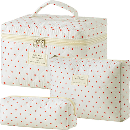 HBselect Quilted Makeup Bag, 3PCS Cotton Large Travel Makeup Bag, Cute Floral Coquette Make up Bag Cosmetic Bag Toiletry Bag for Women Girls - Colors A