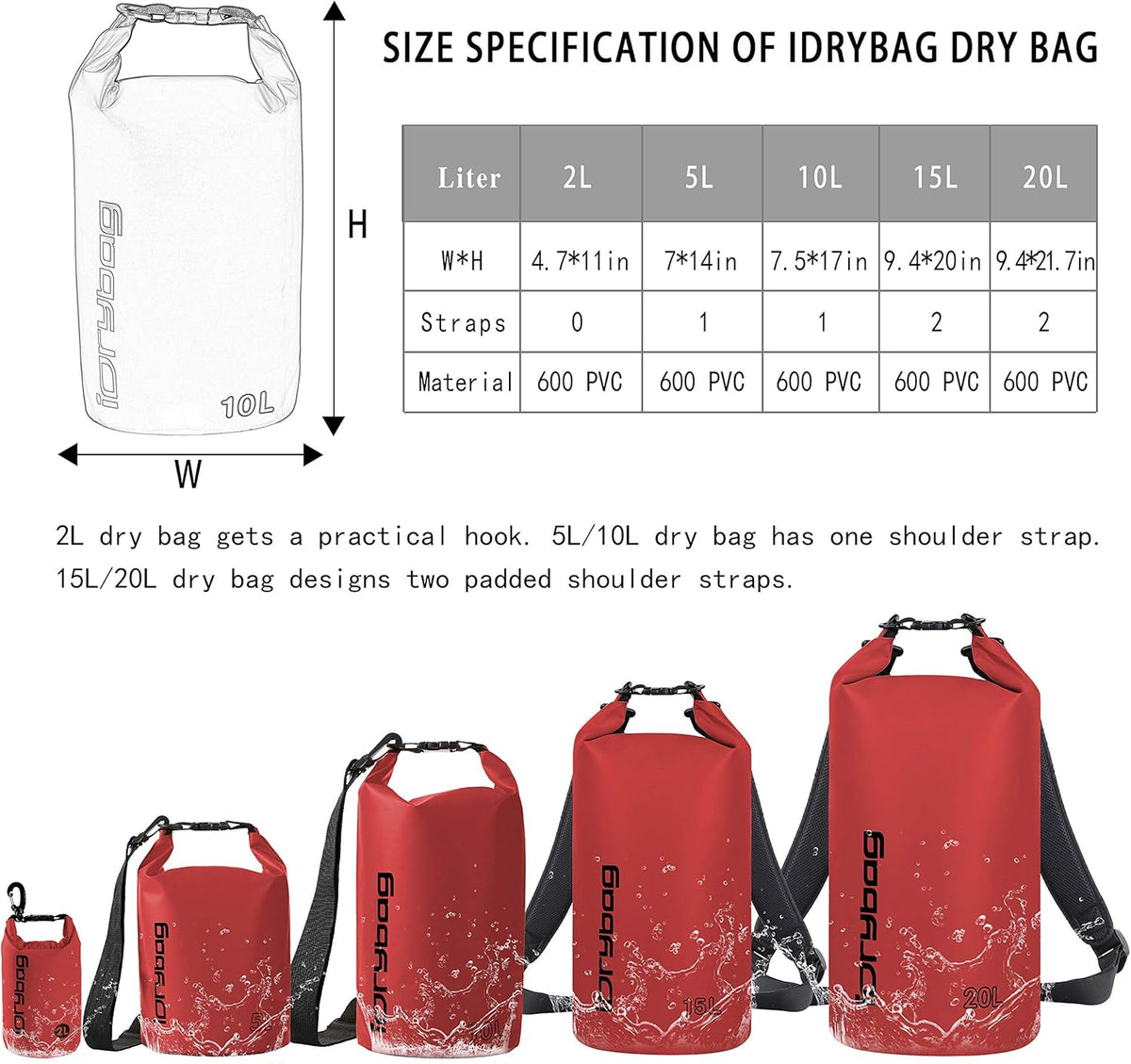 IDRYBAG Dry Bag for Kayaking Waterproof 2L/5L/10L/15L/20L, Small Dry Sack Waterproof Bag for Boating