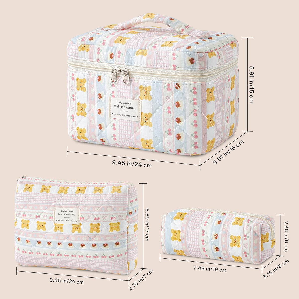 HBselect Quilted Makeup Bag, 3PCS Cotton Large Travel Makeup Bag, Cute Floral Coquette Make up Bag Cosmetic Bag Toiletry Bag for Women Girls - Colors B