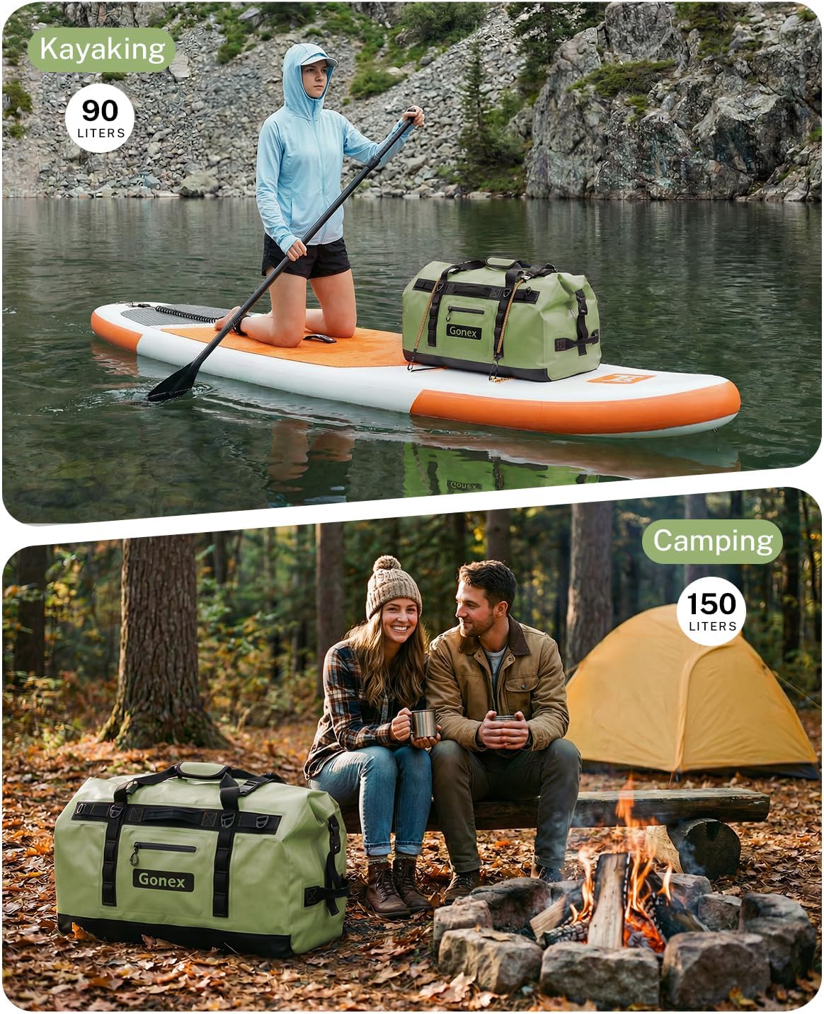 Gonex Waterproof Duffel Bag, 90L Heavy Duty Dry Duffle Bag with Reinforced Thickened Bottom, 3-in-1 Convertible Large Travel Backpack for Kayaking, Motorcycle, Camping & Boating, Orange
