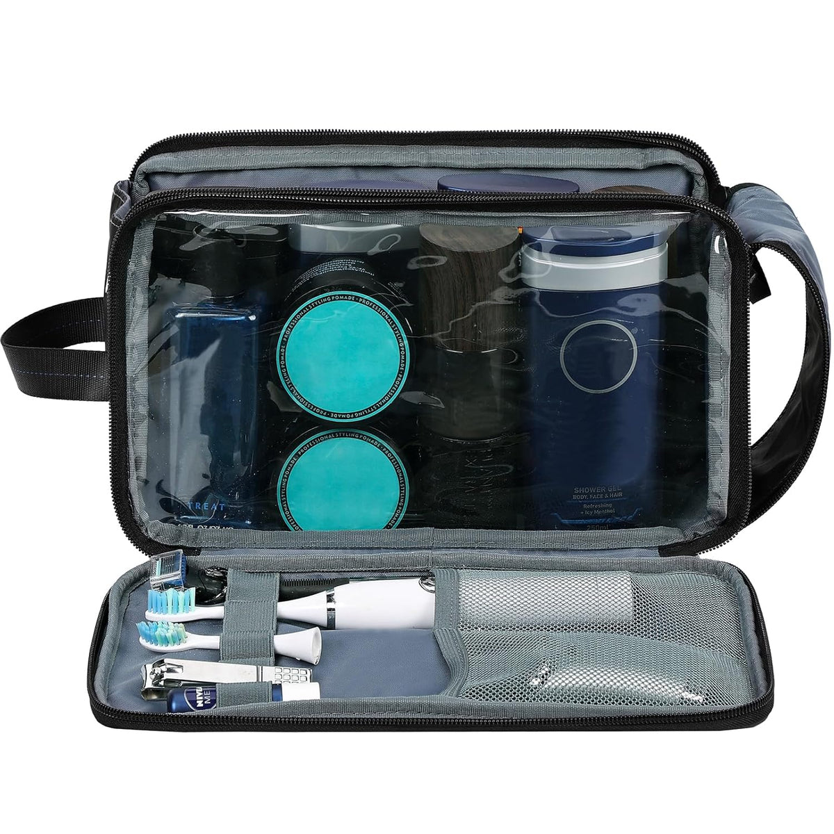 ZEEMO Travel Toiletry Bag for Men, Medium Water-Resistant Double-Sided Full-Open Dopp Kit, Versatile Organizer for Shower and Hygiene Accessories, Bathroom Essentials, Cosmetics, Black