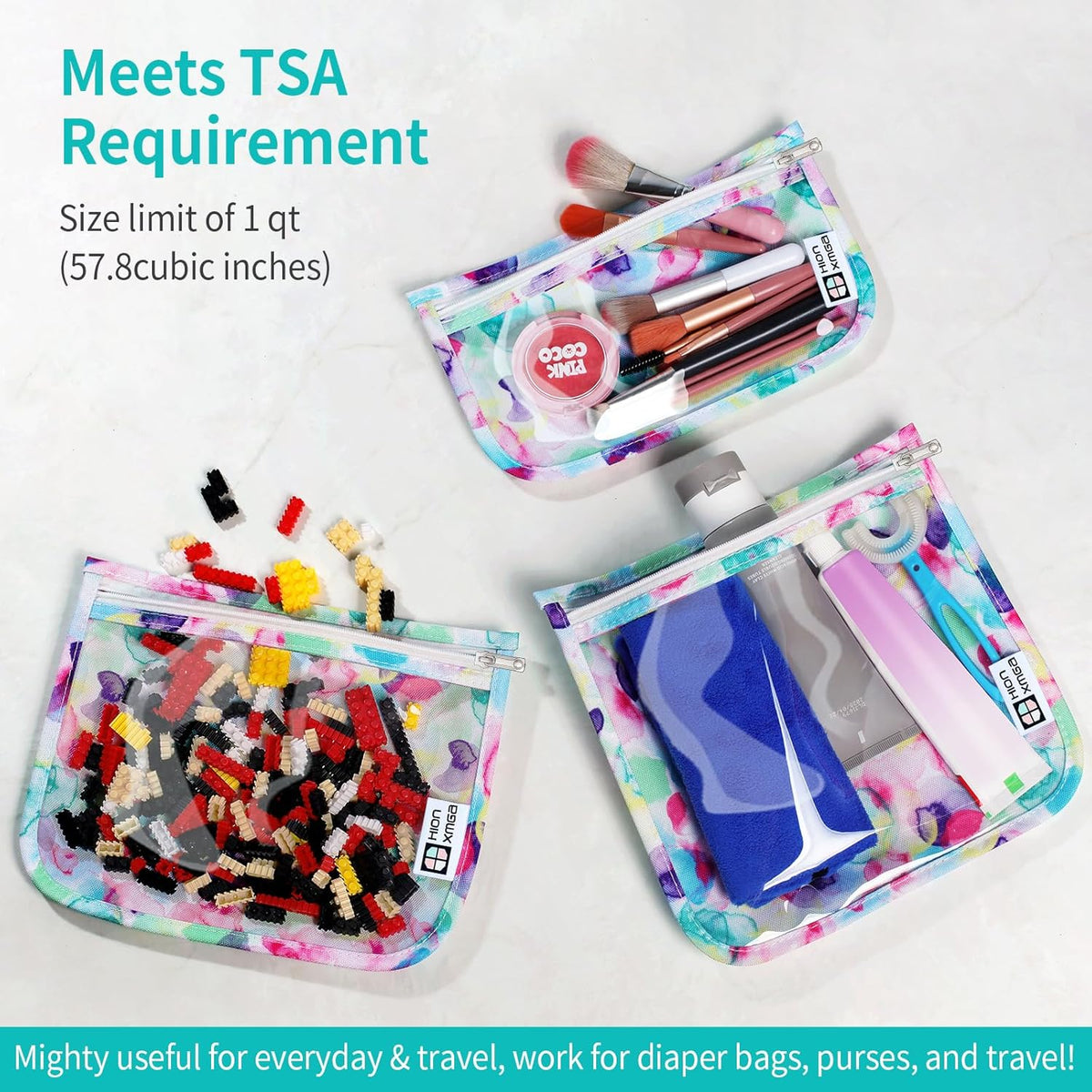 HIONXMGA TSA Approved Toiletry Bag, Set of 3 Clear Travel Toiletry Bag Quart Size Zipper Travel Pouch, Waterproof Makeup Cosmetic Bag for Women Men Kids Toiletries Carry on, Cacti A
