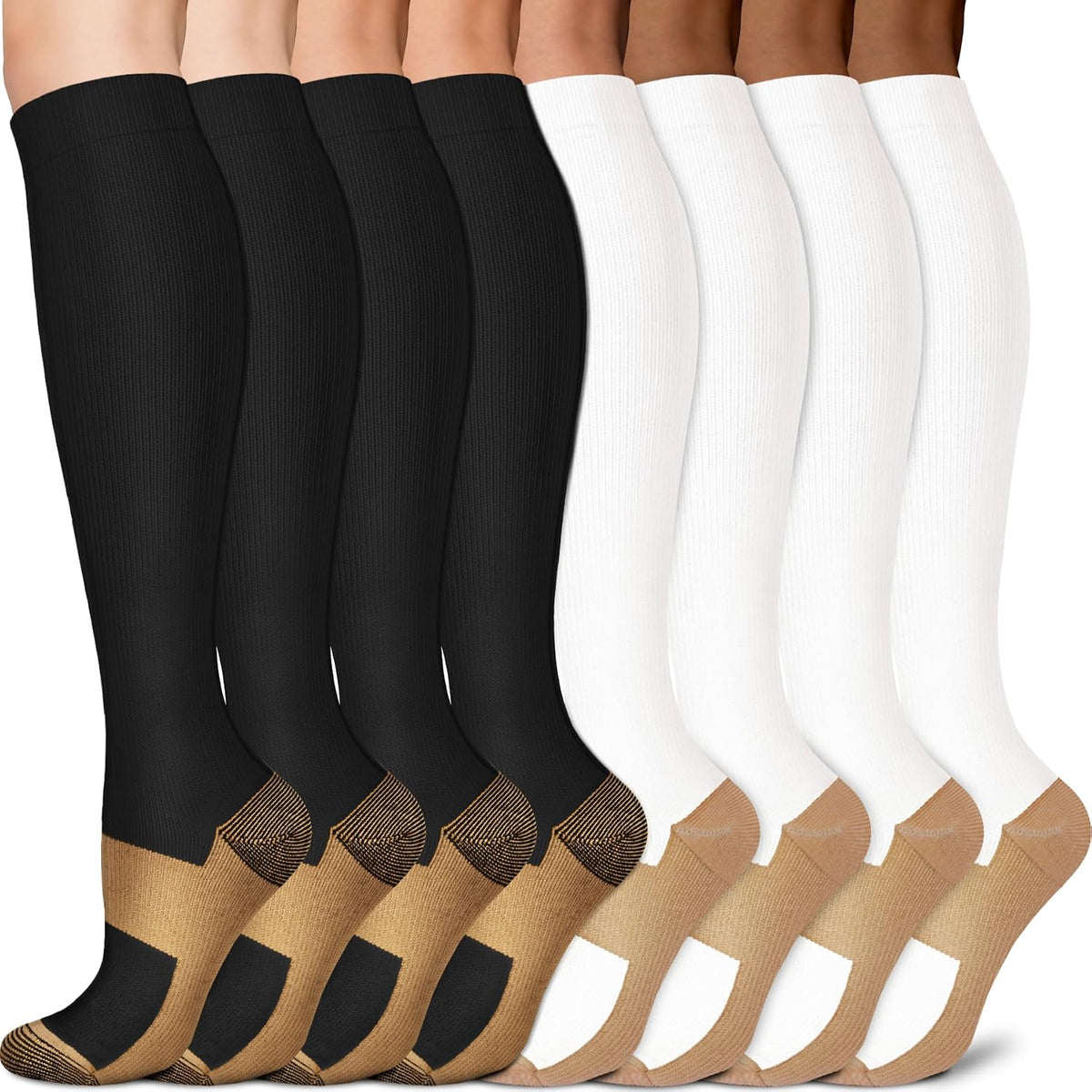 Sooverki Copper Compression Socks for Men & Women 8 Pack 15-20mmHg - Knee High Stockings Best Support for Running Athletic