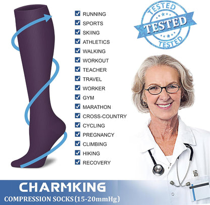 CHARMKING Compression Socks for Women & Men Circulation (8 Pairs) 15-20 mmHg Best Calf Socks Support for Athletic Cycling - Colors A