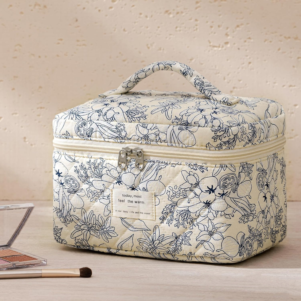 HBselect Quilted Makeup Bag, 3PCS Cotton Large Travel Makeup Bag, Cute Floral Coquette Make up Bag Cosmetic Bag Toiletry Bag for Women Girls - Colors A