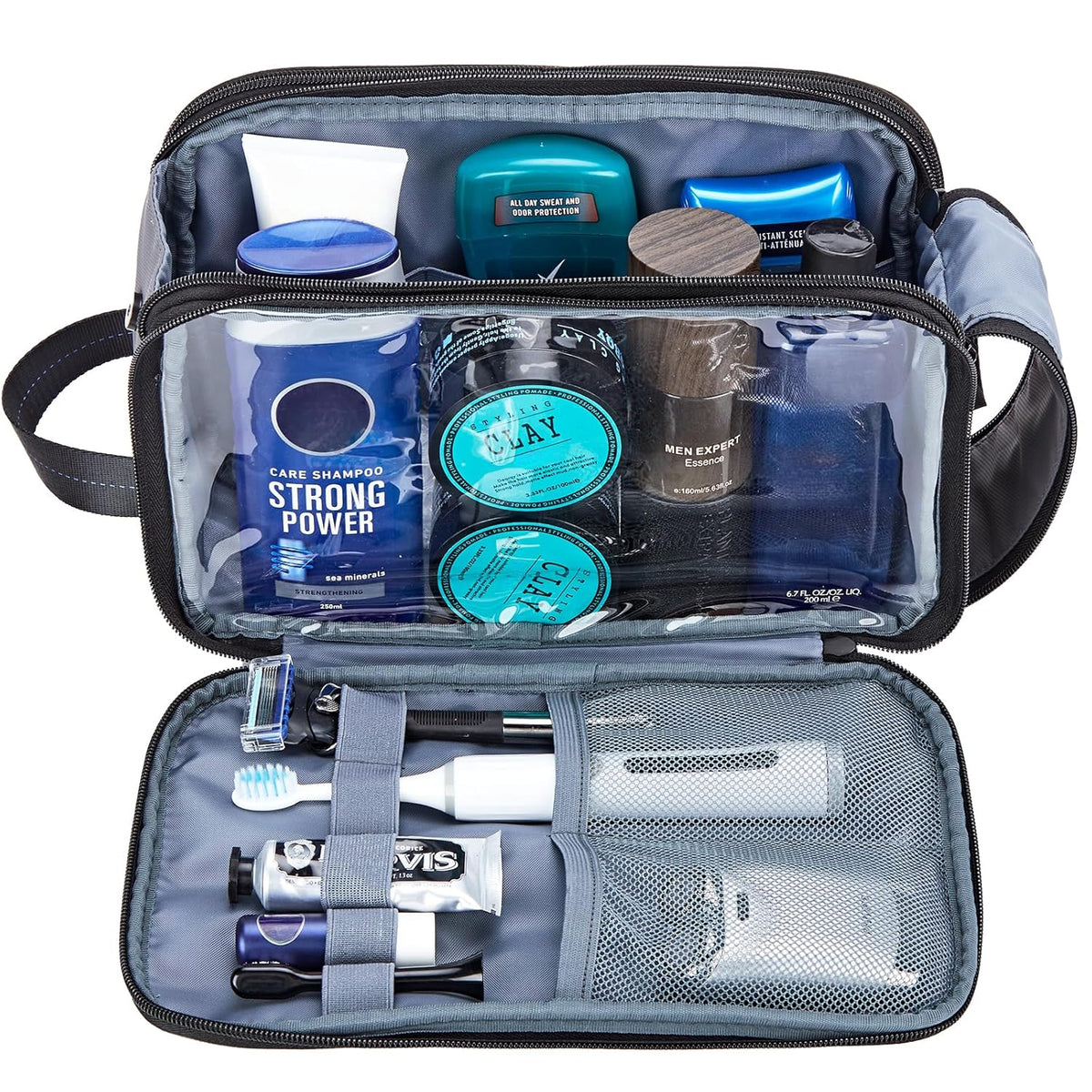 ZEEMO Travel Toiletry Bag for Men, Medium Water-Resistant Double-Sided Full-Open Dopp Kit, Versatile Organizer for Shower and Hygiene Accessories, Bathroom Essentials, Cosmetics, Black