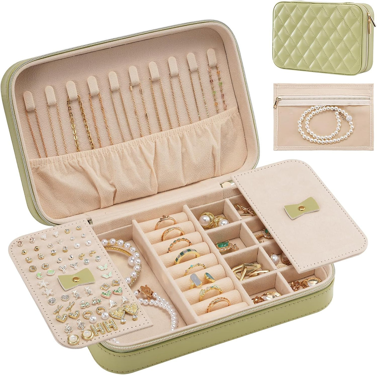 Lolalet Travel Jewelry Case for Women Girls, Travel Jewelry Organizer Box with Mirror & Clear Storage Bag, Small Portable Earring Necklace Bracelet Ring Case, Birthday Valentine Gifts -Medium, White
