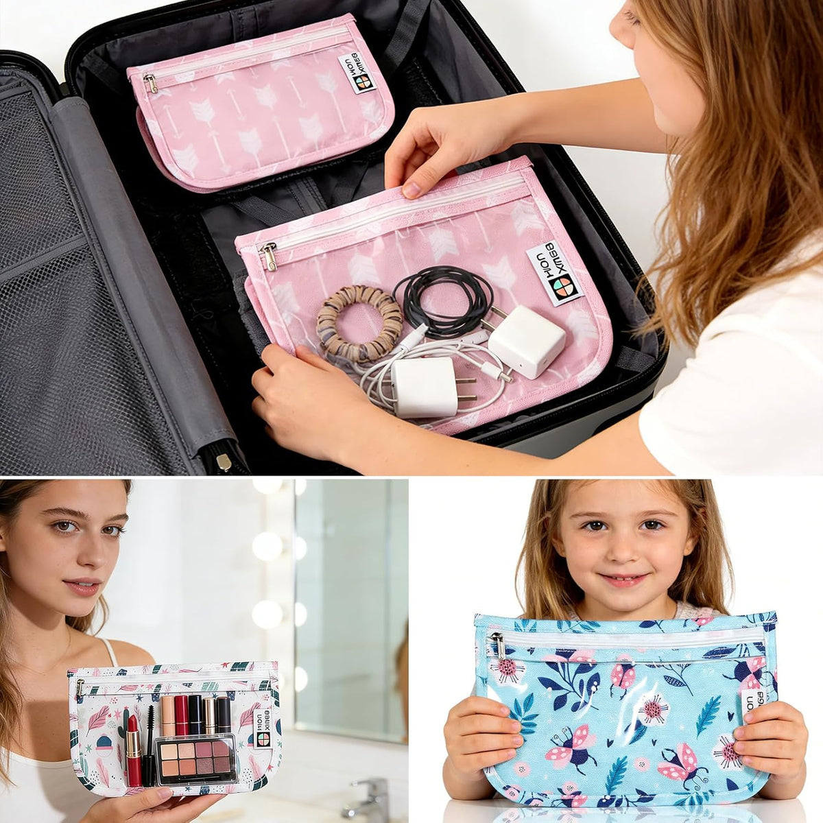 HIONXMGA TSA Approved Toiletry Bag, Set of 3 Clear Travel Toiletry Bag Quart Size Zipper Travel Pouch, Waterproof Makeup Cosmetic Bag for Women Men Kids Toiletries Carry on, Cacti A