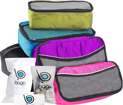 bago 7 Pcs Packing Cubes for Travel - 4 Travel Packing Cubes for Suitcases with 3 ZipLock Bags - Luggage Organizer Bags to Get Maximum Storage, Save Time & Effort to Pack (Green Red PurpleYellow)
