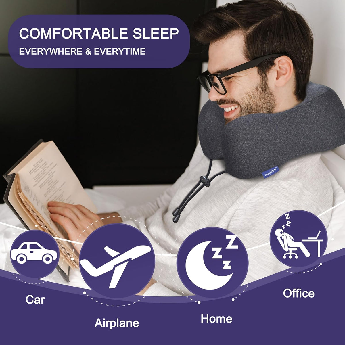 napfun Neck Pillow for Traveling, Upgraded Travel Neck Pillow for Airplane 100% Pure Memory Foam Travel Pillow for Flight Headrest Sleep, Portable Plane Accessories, Light Grey