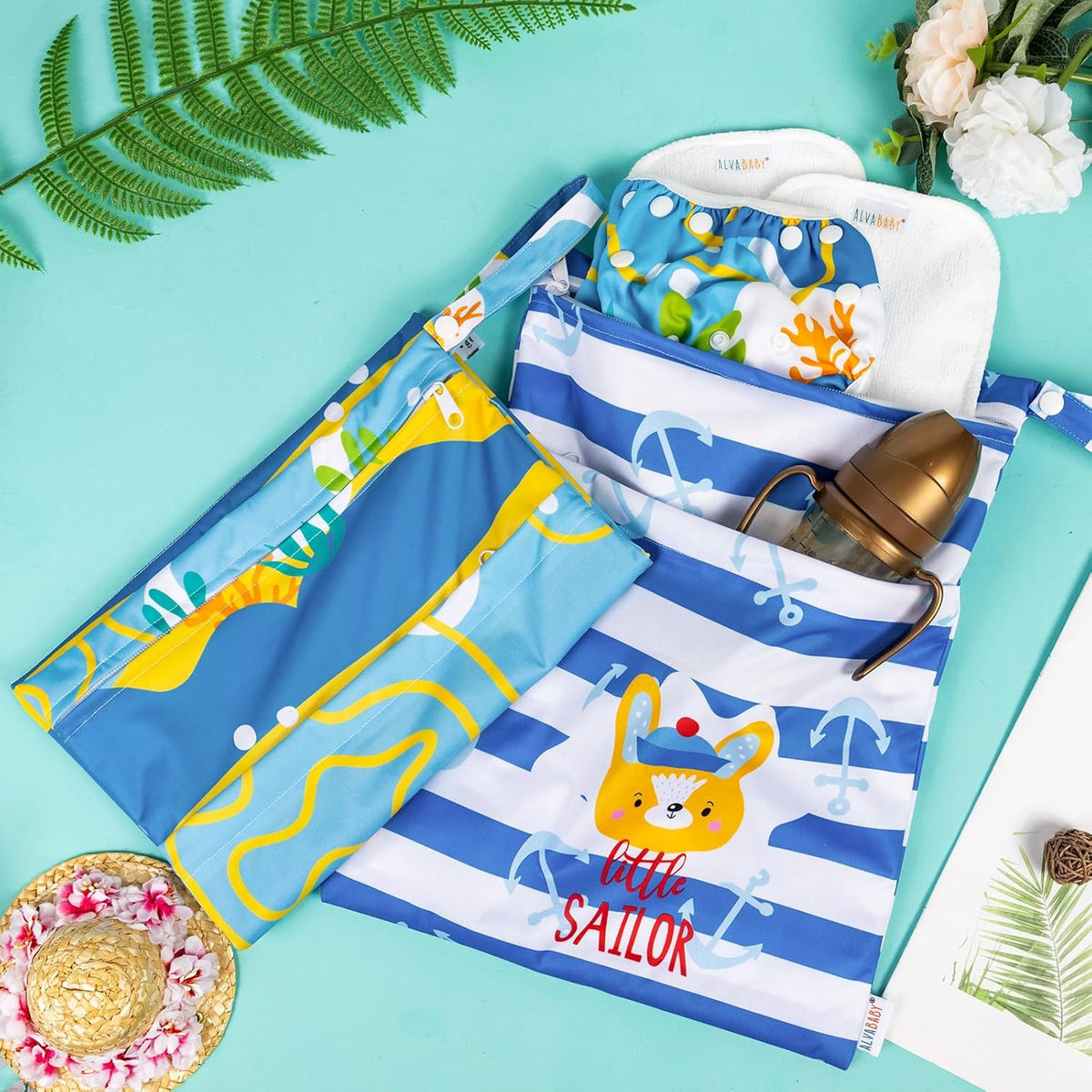 ALVABABY 2pcs Superior Waterproof Wet Dry Bags,Reusable with Two Zippered Pockets, Baby Cloth Diaper Wet Bags,Travel,Beach,Pool,Daycare,Soiled Baby Items,Yoga Gym Bag,Wet bag for Swimsuit