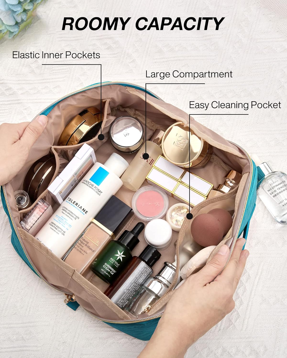 BAGSMART Travel Makeup Bag for Women, Portable Water-resistant Cosmetic Case, Puffy Padded Make Up Organizer Pouch, Open Flat Toiletry Bag for Toiletries, Brushes, Black