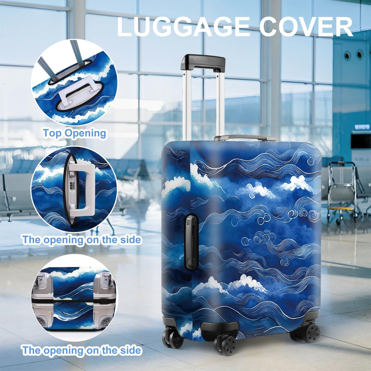 All Over Daisy Print Luggage Cover – Blue Suitcase Protector with White Floral Pattern, Washable Stretch Travel Case for 32-34 Inch Luggage,XL