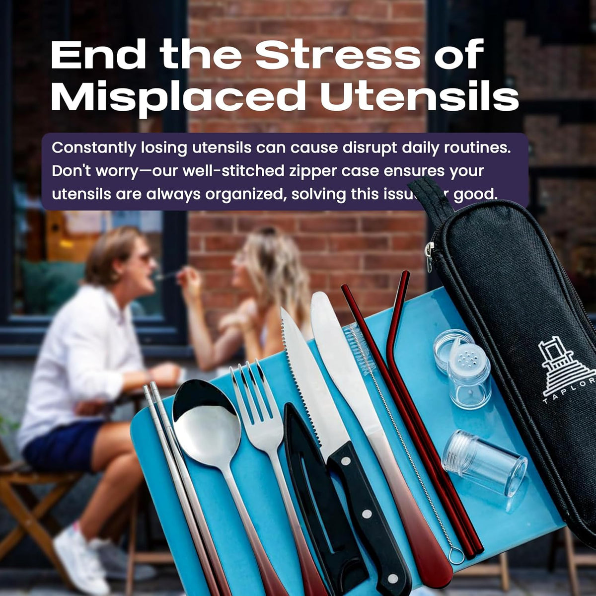 Taplord Portable Travel Silverware Set With Case, Includes of Travel Utensils With Case, Stainless Steel Flatware Set For Camping, Lightweight (Black)