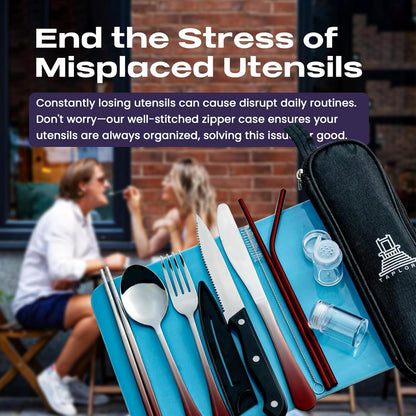 Taplord Portable Travel Silverware Set With Case, Includes of Travel Utensils With Case, Stainless Steel Flatware Set For Camping, Lightweight (Black)