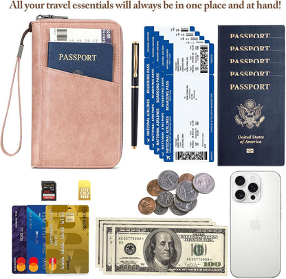 Family Passport Holder for Travel Women and Men RFID Passport Holder with Zipper Passport Case Passport cover Passport Wallet Travel Essentials and Accessories(Family,Pink)