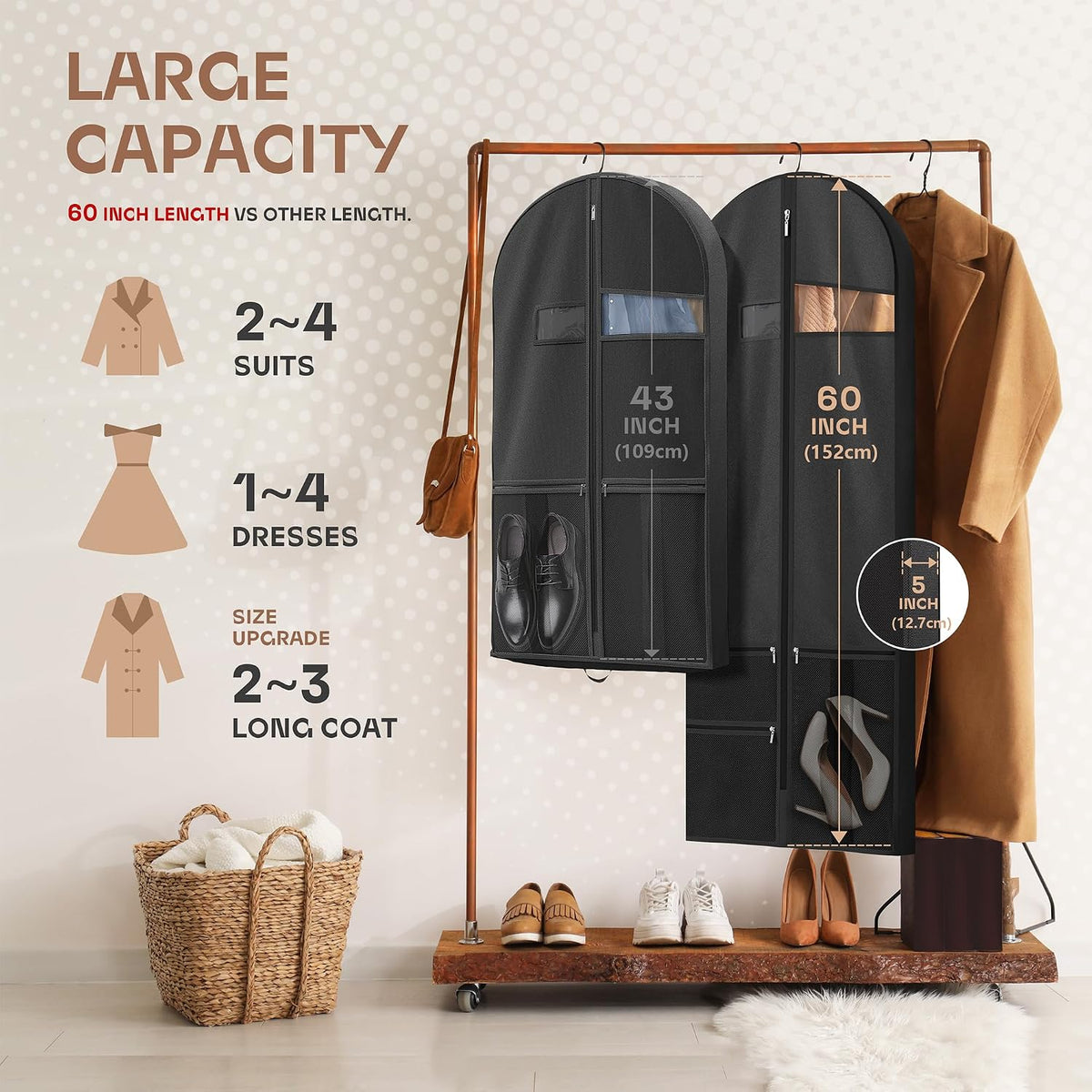 Lazebox 43" Travel Garment Bag with Accessories Zipper Pocket, Heavy Duty Suit Bag for Suits, Tuxedos, Dresses, Coats, Pink, 1 pack