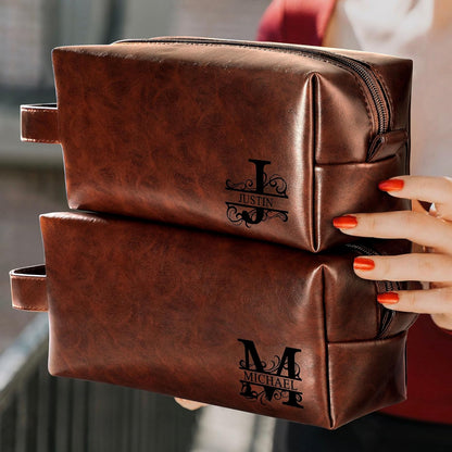 Mens Toiletry Travel Bag Initial M, Personalized Leather Toiletry Bag for Men, Anniversary Christmas Valentines Fathers Day Birthday Gifts for Husband Dad Grandpa Brother - Colors C