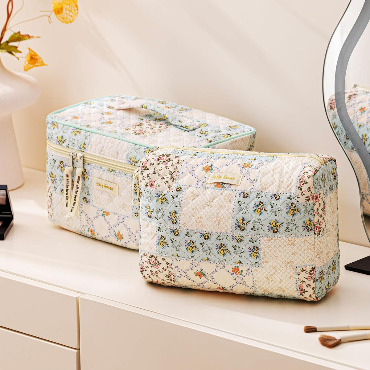 HBselect Quilted Makeup Bag, 3PCS Cotton Large Travel Makeup Bag, Cute Floral Coquette Make up Bag Cosmetic Bag Toiletry Bag for Women Girls - Colors A