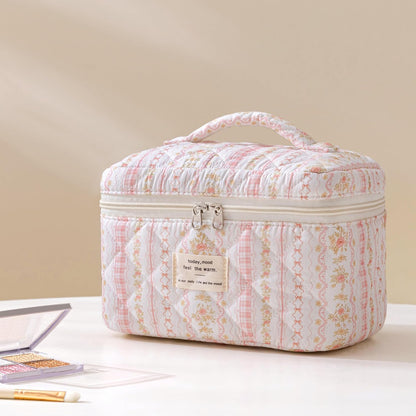 HBselect Quilted Makeup Bag, 3PCS Cotton Large Travel Makeup Bag, Cute Floral Coquette Make up Bag Cosmetic Bag Toiletry Bag for Women Girls - Colors B