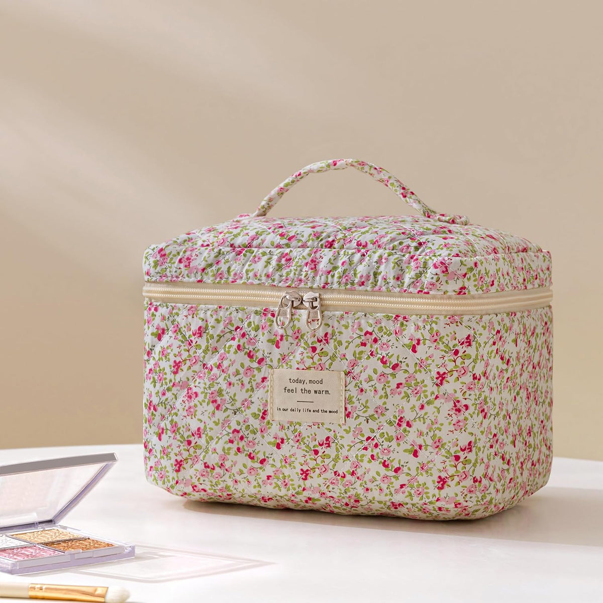 HBselect Quilted Makeup Bag, 3PCS Cotton Large Travel Makeup Bag, Cute Floral Coquette Make up Bag Cosmetic Bag Toiletry Bag for Women Girls - Colors B