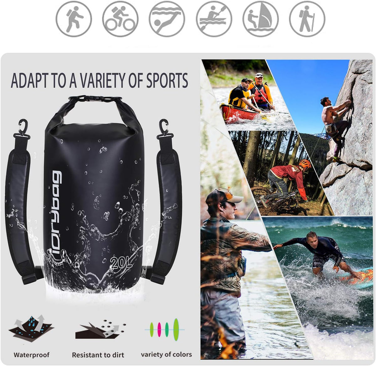 IDRYBAG Dry Bag for Kayaking Waterproof 2L/5L/10L/15L/20L, Small Dry Sack Waterproof Bag for Boating
