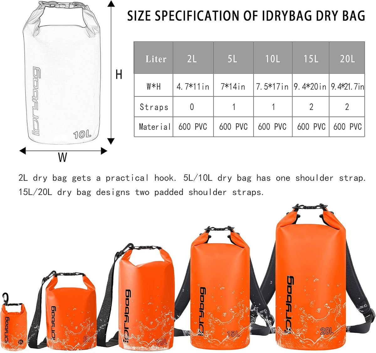 IDRYBAG Dry Bag for Kayaking Waterproof 2L/5L/10L/15L/20L, Small Dry Sack Waterproof Bag for Boating