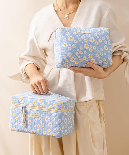 HBselect Quilted Makeup Bag, 3PCS Cotton Large Travel Makeup Bag, Cute Floral Coquette Make up Bag Cosmetic Bag Toiletry Bag for Women Girls - Colors B