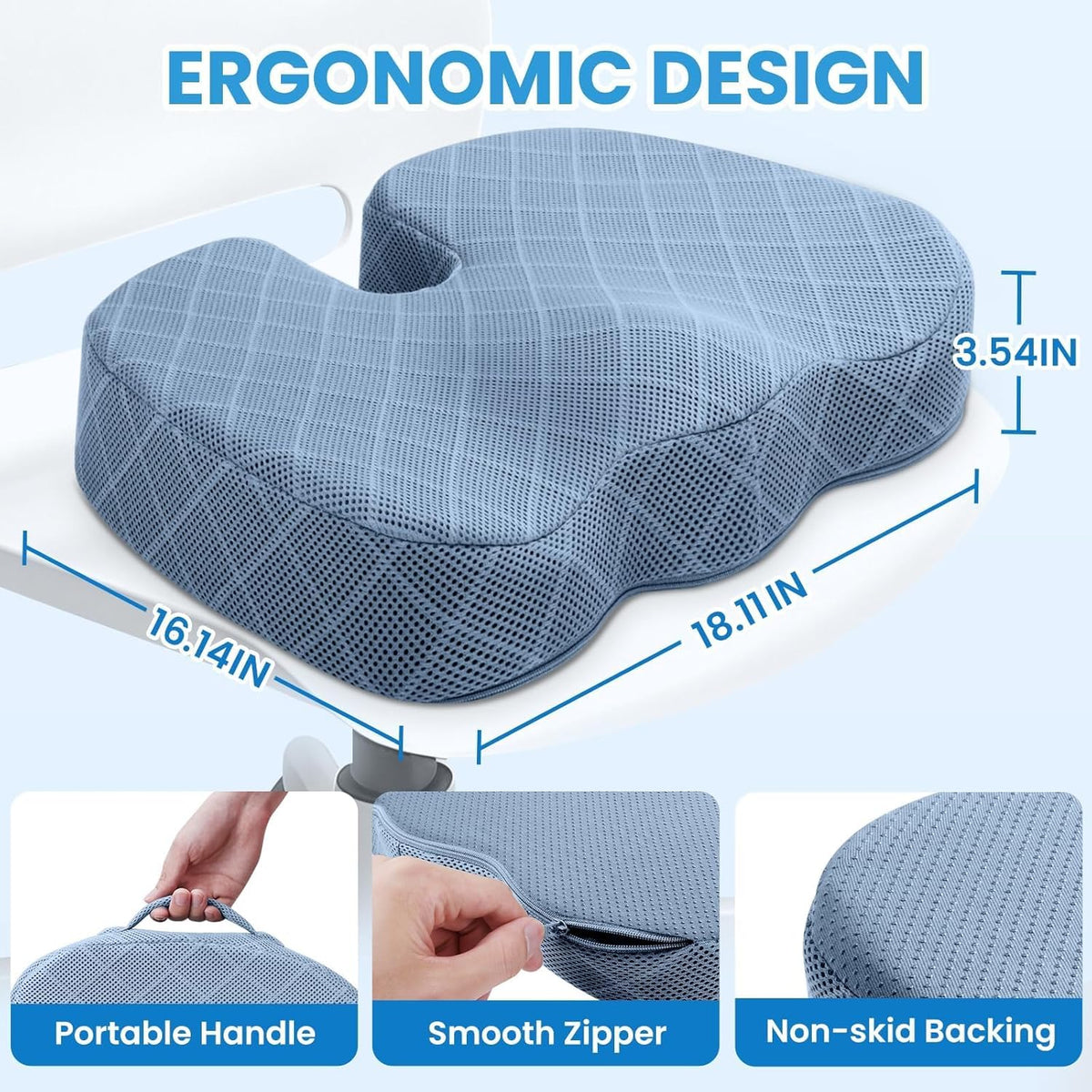 TushGuard Seat Cushion, Memory Foam Office Chair Cushion - Grey, Large