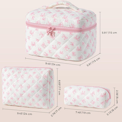 HBselect Quilted Makeup Bag, 3PCS Cotton Large Travel Makeup Bag, Cute Floral Coquette Make up Bag Cosmetic Bag Toiletry Bag for Women Girls - Colors A