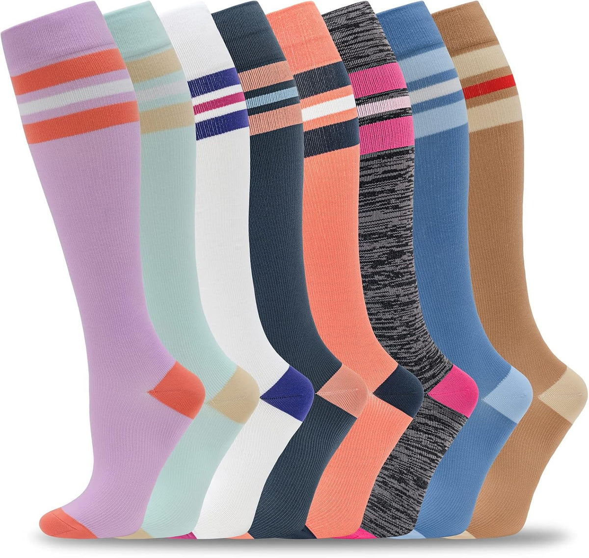 fenglaoda 8 Pairs Compression Socks for Men & Women 20-30 mmHg Knee High Nurse Pregnant Running Medical and Travel Athletic