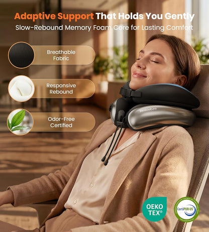 Neck Pillow for Traveling, Travel Pillows for Airplanes, Adjustable Neck Pillow Airplane Travel Essentials - 2 Layer Patented | Inflatable Air Loop & Memory Foam for 360° Ergonomic Support