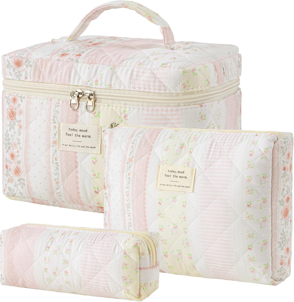 HBselect Quilted Makeup Bag, 3PCS Cotton Large Travel Makeup Bag, Cute Floral Coquette Make up Bag Cosmetic Bag Toiletry Bag for Women Girls - Colors A