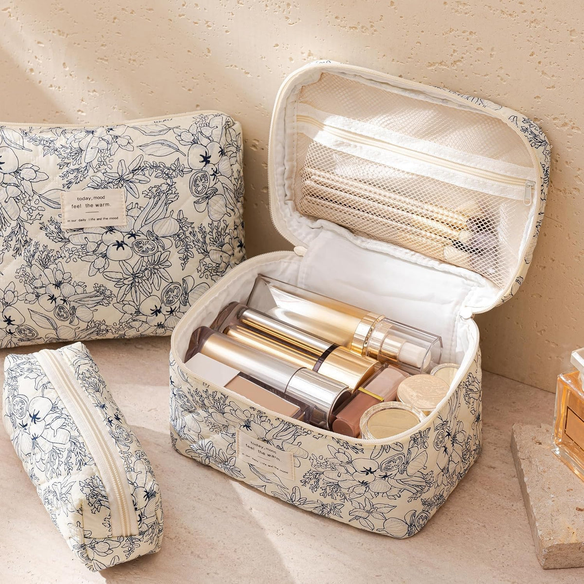 HBselect Quilted Makeup Bag, 3PCS Cotton Large Travel Makeup Bag, Cute Floral Coquette Make up Bag Cosmetic Bag Toiletry Bag for Women Girls - Colors A