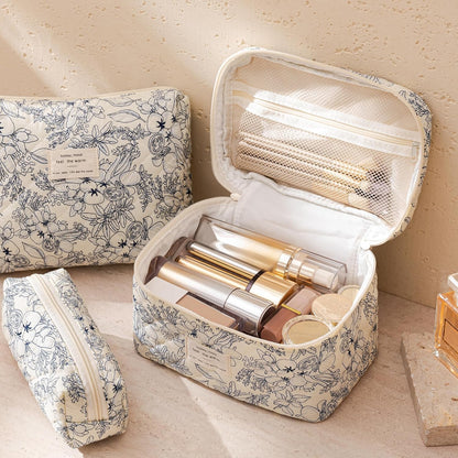 HBselect Quilted Makeup Bag, 3PCS Cotton Large Travel Makeup Bag, Cute Floral Coquette Make up Bag Cosmetic Bag Toiletry Bag for Women Girls - Colors A